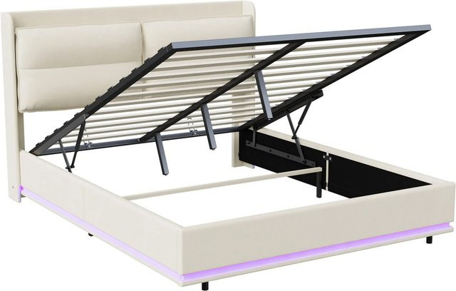 PXloue Doppelbett mit Stauraum und LED-Beleuchtung in Beige, gepolstert mit Samt und USB-Ladefunktion, B/T/H: 160 x 200 x 109 cm - Bild 1