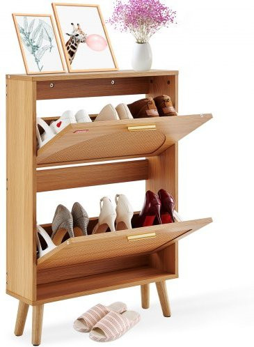 VEVOR Schuhschrank aus Gummiholz mit Rattan-Türen in Braun, Schuhkommode mit 2 Klappen und Regalfächern für Flur und Wohnzimmer, B: 60,0 cm, T: 16,8 cm, H: 87,7 cm - Bild 1