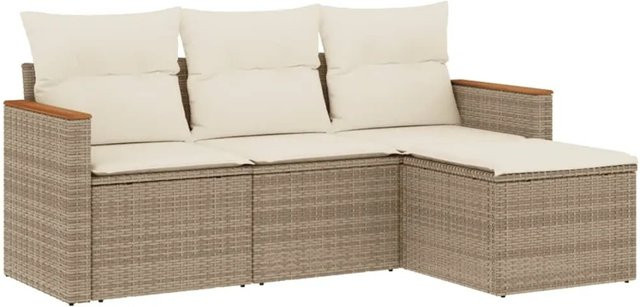 vidaXL 4-tlg. Garten-Sofagarnitur aus Poly-Rattan in Beige mit Kissen und Fußhocker - Bild 1