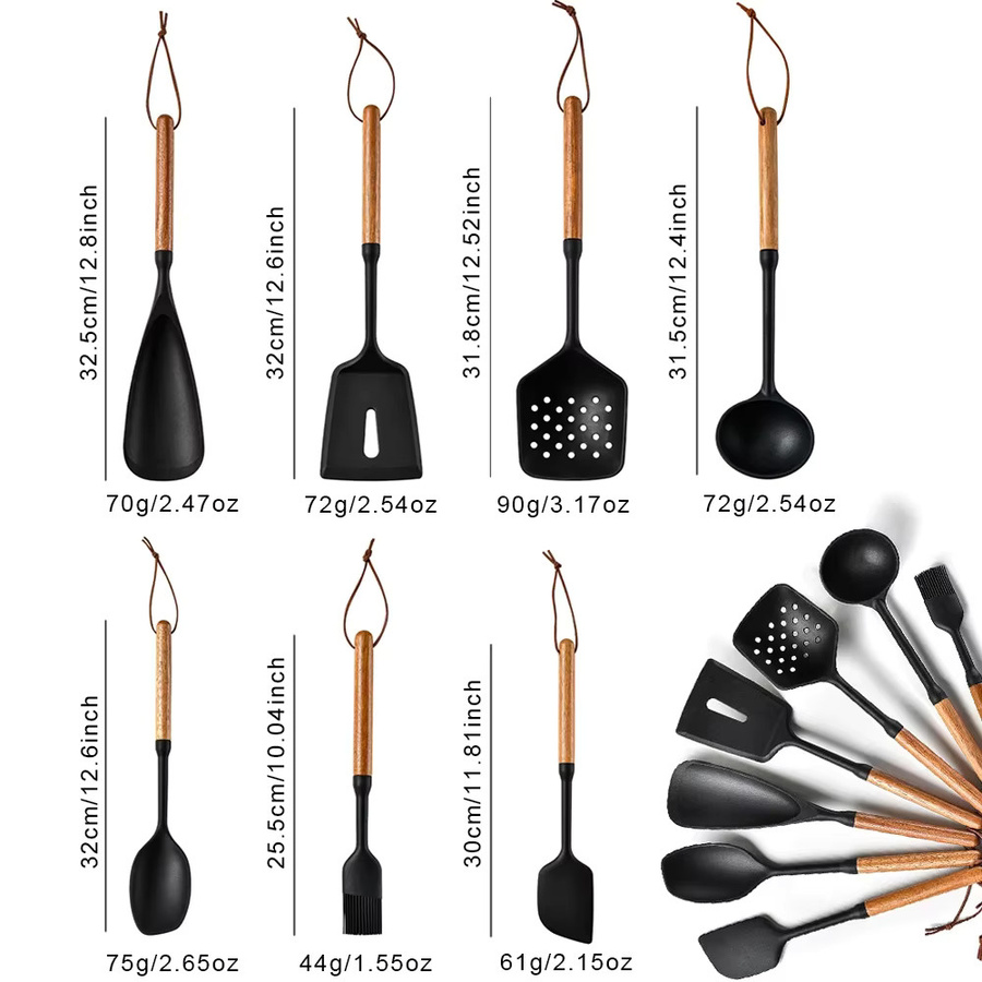 7-teiliges Küchenutensilien-Set aus lebensmittelechtem Silikon in Schwarz mit Spachtel, Löffel und Ölpinsel - Bild 3