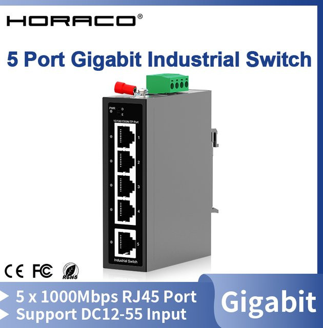 HORACO 5-Port Gigabit Industrieller Ethernet-Switch mit 1000Mbps und DIN-Schienenmontage - Bild 1