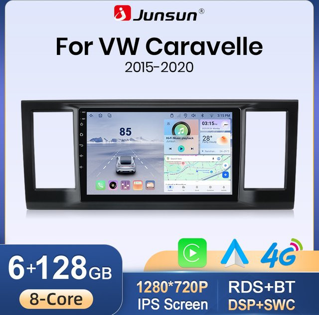 Junsun Kabelloses CarPlay und Android Auto Autoradio für VW Transporter T6 Caravelle Multivan T6.1 2015-2020 mit Android 15, GPS, WiFi, 4G, Bluetooth und DSP IPS Touchscreen in Schwarz - Bild 1