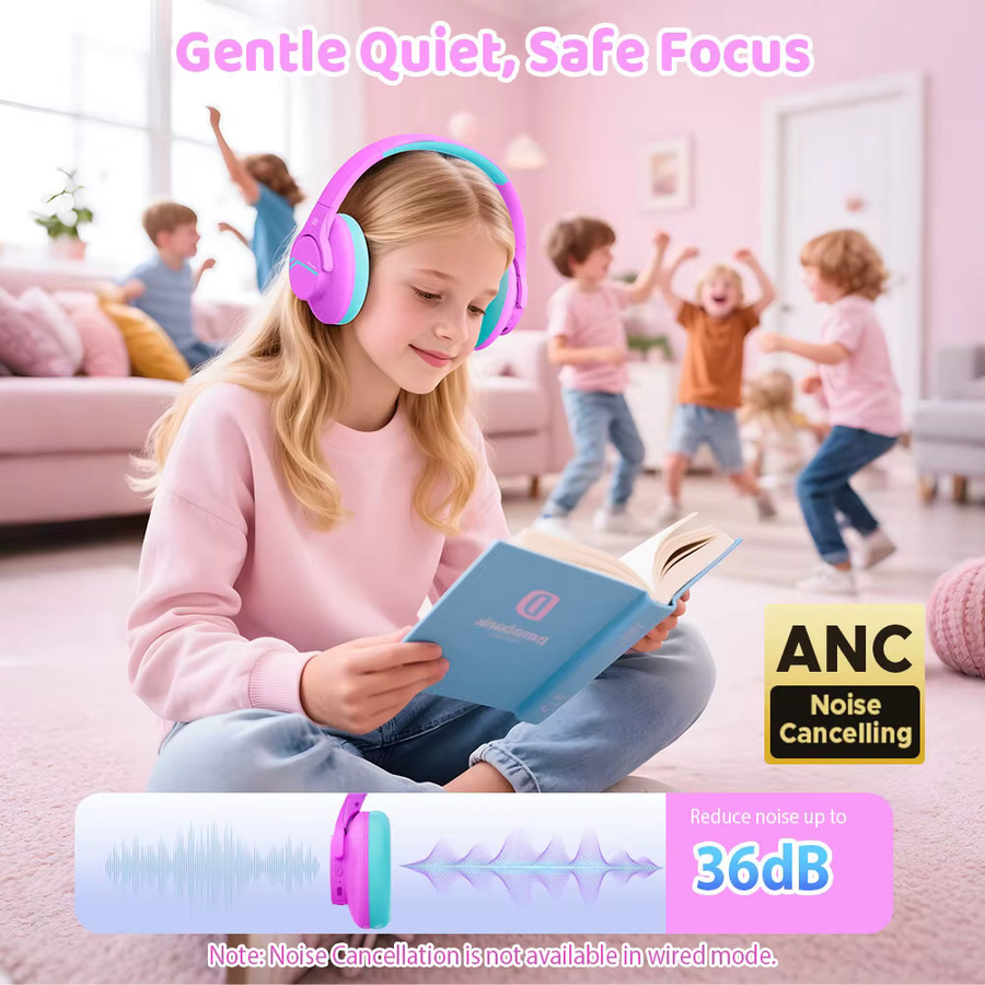 Steellumen ANC Kinder-Kopfhörer kabellos mit Geräuschunterdrückung und Bluetooth in Pink - Bild 2
