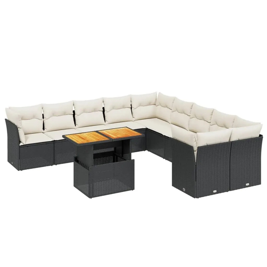 vidaXL 11-teilige Garten-Sofagarnitur in L-Form aus Polyrattan und Akazienholz mit Kissen, Schwarz-Creme - Bild 2