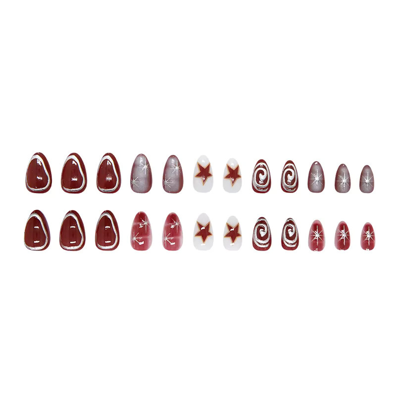 YADORNOS Künstliche Nägel J10, Mandelform, Rot mit Stern-Aufdruck, Glänzend, Damen - Bild 3