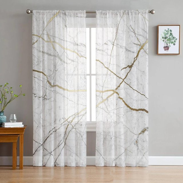 Yiran Furniture Transparenter Vorhang mit Marmor Muster in Weiß, Tüll Voile Organza für Wohnzimmer und Küche, B: 135 cm, H: 160 cm - Bild 1