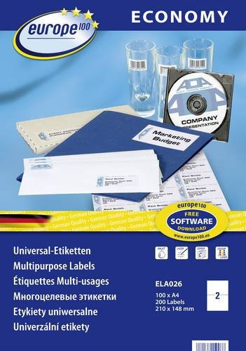 Europe 100 ELA026 Universal-Etiketten Weiß, A5, 200 Stück, permanent haftend für Tintenstrahl- und Laserdrucker, Breite: 21,0 cm, Höhe: 14,85 cm - Bild 1