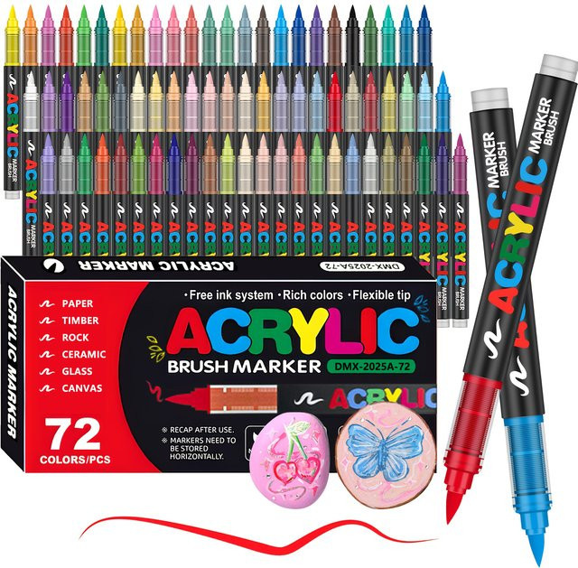 Acrylmarker mit Pinselspitze in Multicolour, Acryl-Farbstifte für Stein, Leinwand, Holz und Keramik, 12–72 Farben - Bild 1