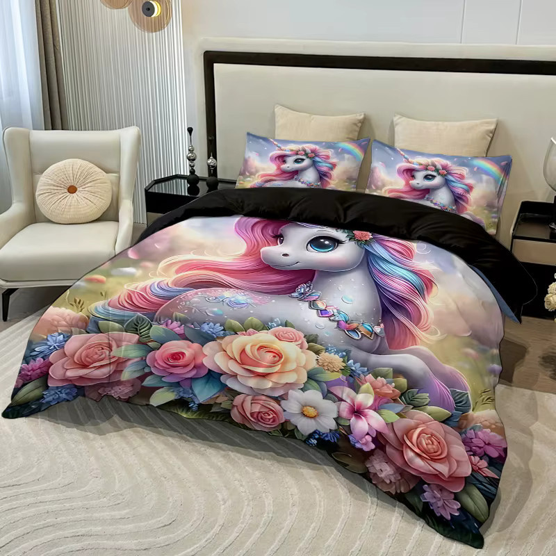 3-teiliges Cartoon-Einhorn-Bettwäsche-Set aus Polyester mit 3D-Digitaldruck in Mehrfarbig (1 Bettbezug und 2 Kissenbezüge) - Bild 2