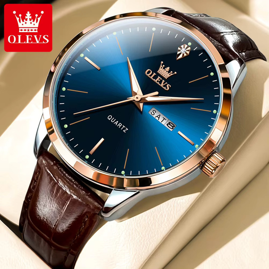 OLEVS Armbanduhr, Quarz, Edelstahl, Leder, Blau, Herren - Bild 2