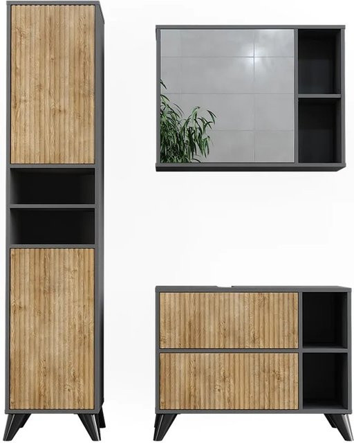 Vicco Badmöbel-Set Leano in Anthrazit und Bergeiche mit Waschtischunterschrank, Spiegelschrank und Hochschrank, Breite: 80 cm - Bild 1