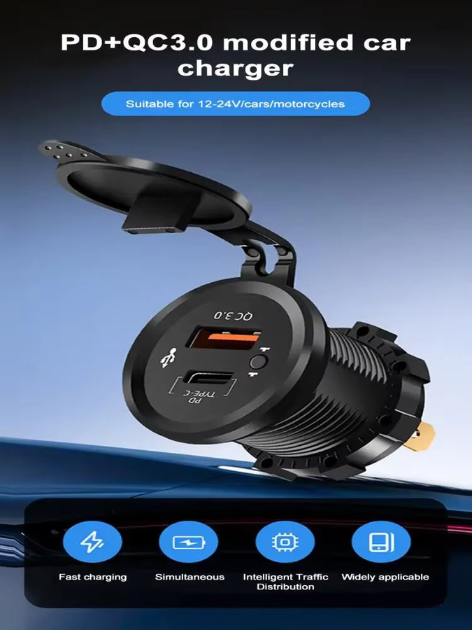 kebidumei Dual-USB-Steckdose 12/24V mit Tastenschalter, 40W QC3.0 & PD3.0 USB-C Autoladegerät in Schwarz für Wohnmobile, Motorräder, Boote und LKWs - Bild 6