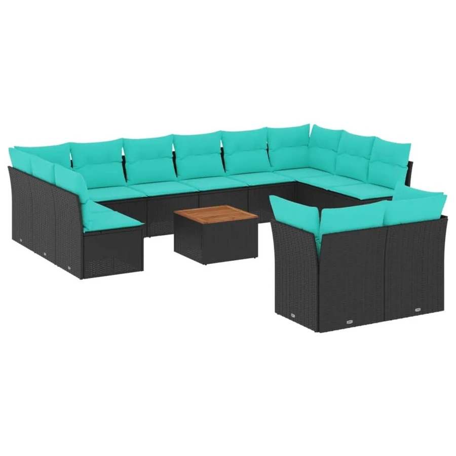 vidaXL 13-teilige Garten-Sofagarnitur in L-Form aus Poly-Rattan und Akazienholz mit Kissen in Schwarz und Blau - Bild 1