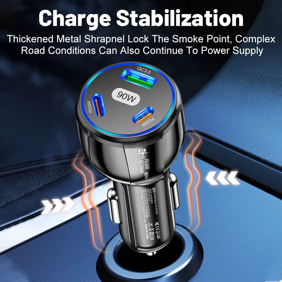 GUSEYEE 3-in-1 Autoladegerät 90W mit QC3.0 und PD Typ C USB Schnellladung in Schwarz - Bild 4