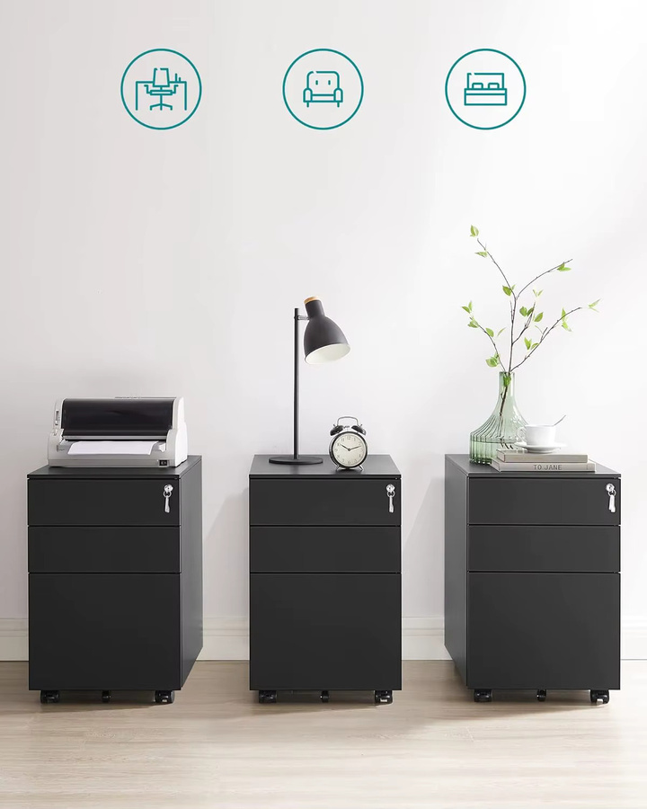 SONGMICS Rollcontainer aus Stahl in Schwarz mit 3 Schubladen, abschließbarer Büroschrank mit Hängeregistratur und Rollen, B/T/H: 52 x 39 x 60 cm - Bild 5