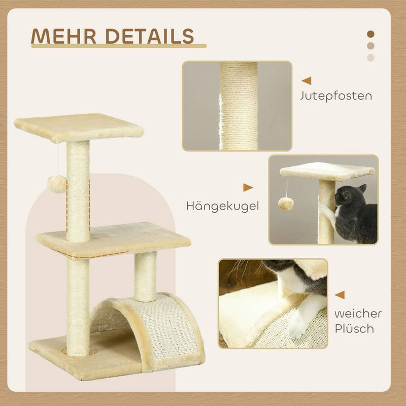 PawHut Kratzbaum Cremeweiß mit Plüschballen und Sisalstämmen, mehrstöckiger Katzenturm für mittelgroße Katzen, B/T/H: 35 x 40 x 72 cm - Bild 4