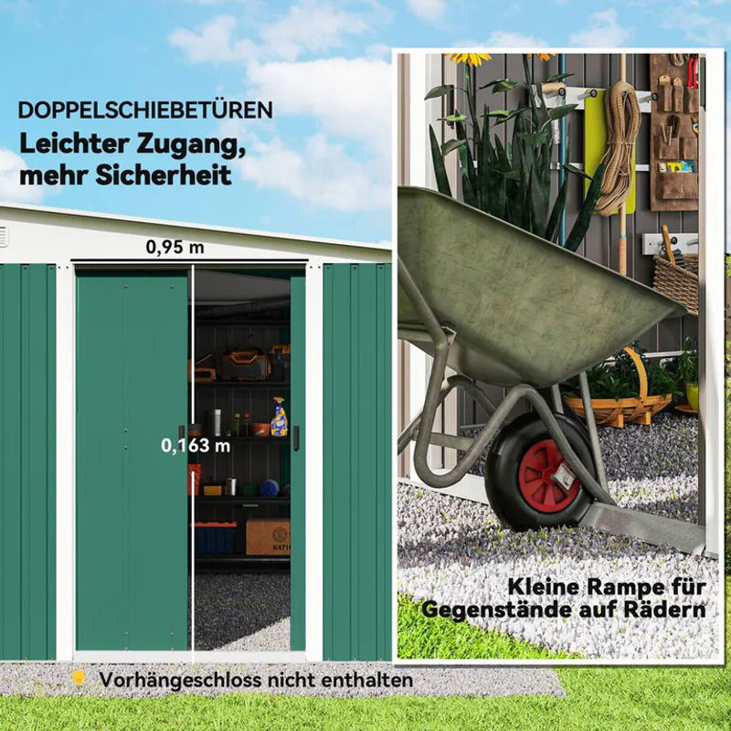 Outsunny Metall Gerätehaus in Grün mit Pultdach und Schiebetür, wetterfester Geräteschuppen aus Stahl, B/T/H: 280 x 345 x 201 cm - Bild 4
