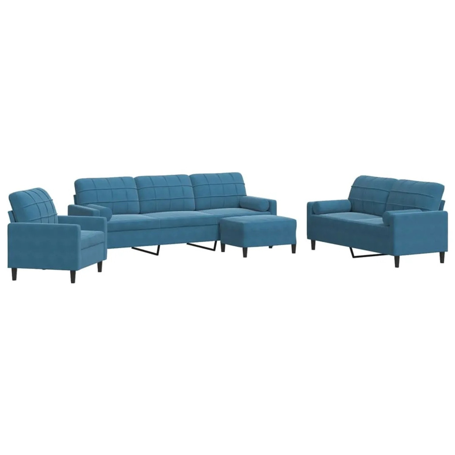 vidaXL 4-teilige Sofagarnitur aus Samt in Blau mit 3-Sitzer-Sofa, 2-Sitzer-Sofa, Sesseln, Fußhocker und Nackenkissen - Bild 2