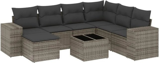 vidaXL 8-teilige Garten-Sofagarnitur in L-Form aus grauem Poly-Rattan mit wetterfesten Kissen und pulverbeschichtetem Stahlgestell - Bild 1