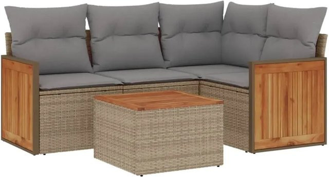 vidaXL 5-teilige Garten-Sofagarnitur in L-Form aus Poly-Rattan und Akazienholz mit Kissen in Beige-Grau - Bild 1