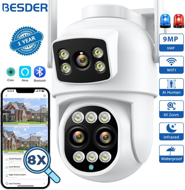 BESDER PTZ WiFi Überwachungskamera mit Dual Screen, 9 MP, 8x digitalem Zoom, menschlicher Erkennung und ICSee App, Weiß - Bild 1