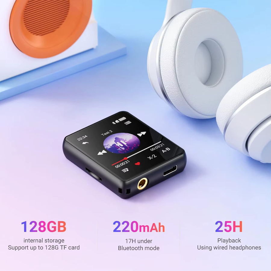 Oilsky MP3-Player mit Bluetooth 5.4, 128 GB tragbarer Musik-Player mit 1,8-Zoll-Voll-Touchscreen, integriertem Lautsprecher, UKW-Radio und Recorder in Schwarz - Bild 3