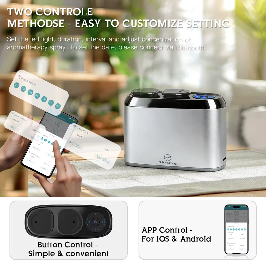 NAMSTE Dual-Düsen-Aroma-Diffusor in Silber, elektrischer Duftspender mit Bluetooth-Steuerung für ätherische Öle, ohne Wasser, 4000 mAh, 100 m³ - Bild 3