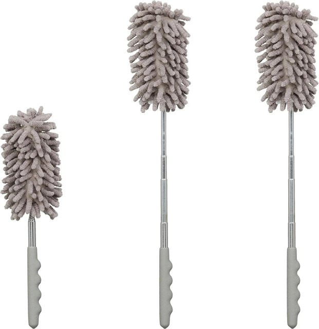 Relaxdays Staubwedel 3er Set aus Polyester und Edelstahl in Grau und Silber, teleskopisch verstellbar von 28 cm bis 77 cm, biegen und waschbar - Bild 1