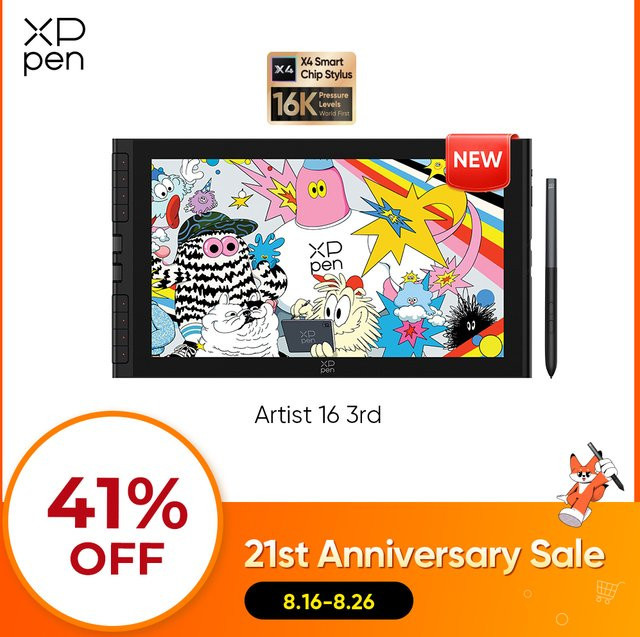 XPPen Artist 16 (Gen 3) Tragbares Grafikdisplay mit 15,4 Zoll, 8 Schnelltasten, 2 Drehrädern und X4 Smart Chip Stylus in Schwarz für Windows, Mac und Android - Bild 1