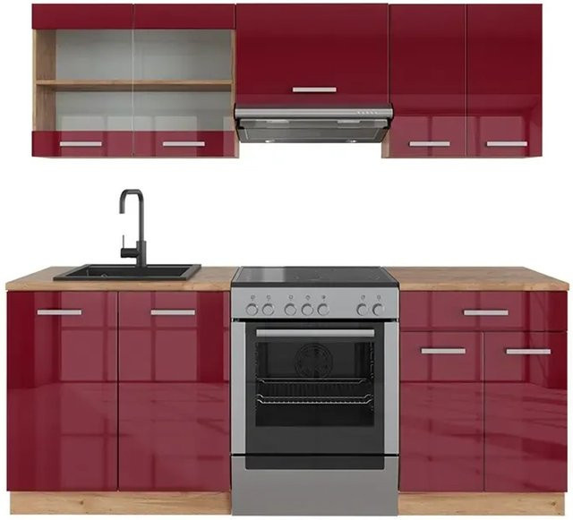Vicco R-Line Küchenzeile Bordeaux Hochglanz und Goldkraft Eiche, Breite: 200 cm - Bild 1