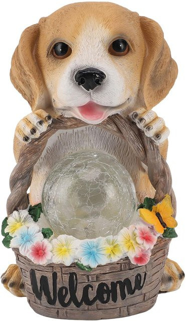CosyHome Solarbetriebene LED-Hundestatue Welpe mit Blumenkorb in Grau - Bild 1