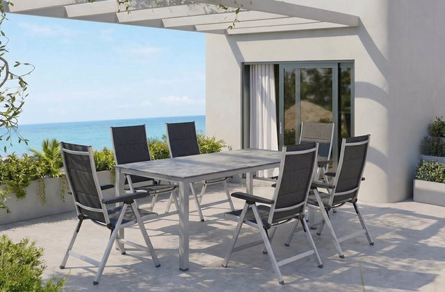 Kettler Cubic/ Basic Plus Padded Garten-Essgruppe aus Alu und Textilene in Silber/Anthrazit mit Tisch und 6 Klappstühlen, Tisch B: 160 cm, T: 90 cm, H: 74 cm - Bild 1