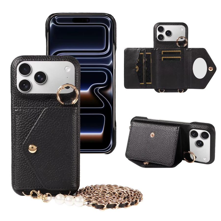 Crossbody Brieftaschenhülle aus PU-Leder mit Spiegel für iPhone 11 bis iPhone 17 Pro Max Plus Mini, stoßfest, Farben: Beige oder Schwarz - Bild 2