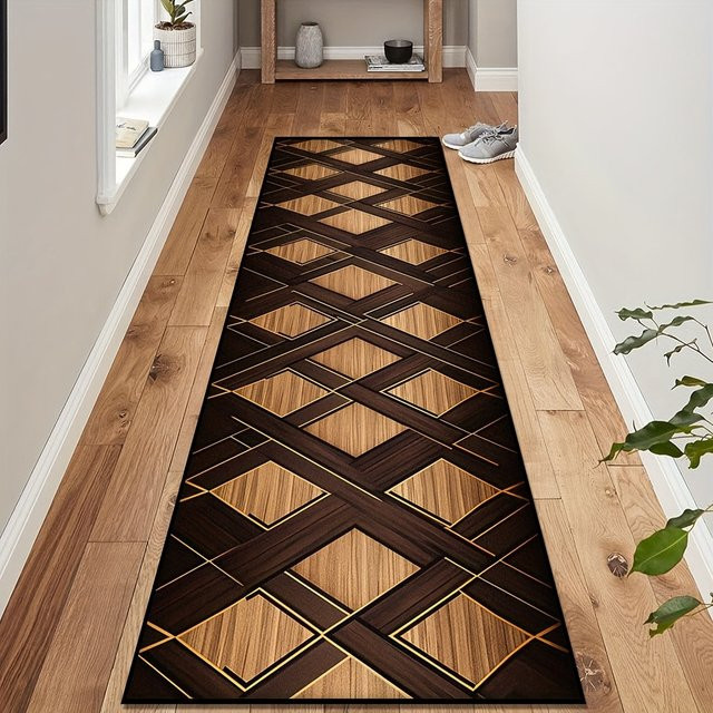 VIKAMA Langteppich im amerikanischen Stil mit Holzimitat-Mosaik und Diamantgitter-Design, Farbe: Braun, B/T: 120 x 40 cm - Bild 1