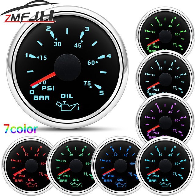 ZMFJH Öldruckmesser mit 7-Farben-Hintergrundbeleuchtung, 52mm, 0-5 Bar / 0-75PSI, wasserdichte Anzeige für Auto, Marine und Yacht, Multicolor - Bild 1