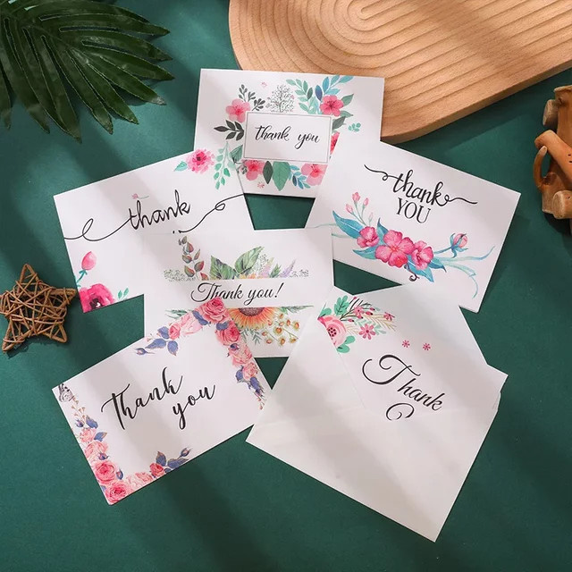 6 Stück Dankeskarten mit Umschlägen und Blumenmuster für Hochzeit, Babyparty oder Abschlussfeier, B: 10 cm, H: 15 cm - Bild 1