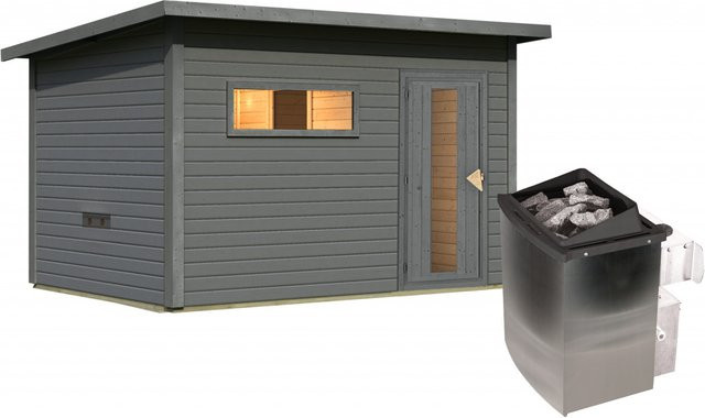 Saunahaus HYTTI 6 in Terragrau mit 9.0 kW Ofen und integrierter Steuerung, B/T/H: 396 x 231 cm, 38 mm Wandstärke - Bild 1