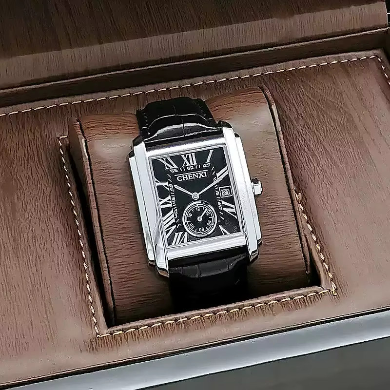 CHENXI Armbanduhr Herren, Quarz, Eckiges Zifferblatt, Leder, Silber - Bild 4
