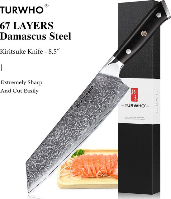 Turwho Kiritsuke-Messer im japanischen Stil aus 67 Schichten Damaststahl, Silber, 21,59 cm - Bild 1