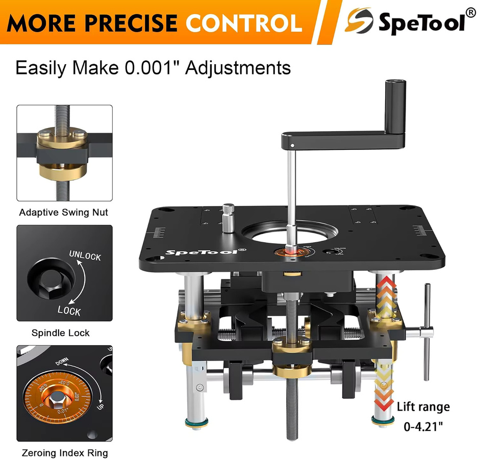 SpeTool P01002 Professionelles Fräser-Hebesystem aus Aluminium für Oberfräsen mit präziser Einlegeplatte und DIY-Schablone - Bild 3