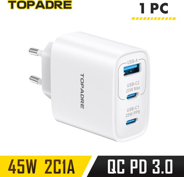 TOPADRE 45W GaN-Ladegerät mit USB-C Display für PD Super-Schnellladung 2.0 PPS in Weiß - Bild 1