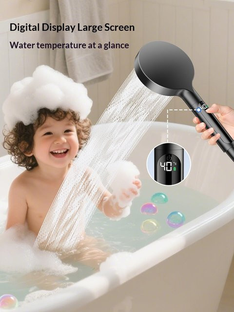 FALANGSHI Digitaler Temperatur-Handbrausekopf in Matt Schwarz mit 4 Wasserauslassmodi und 3D-Massagefunktion - Bild 1