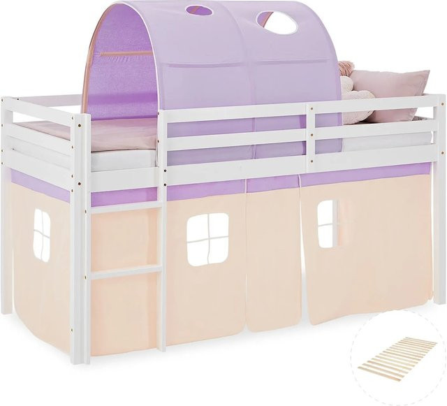 Homestyle4u Kinder Hochbett aus Kiefernholz mit Tunnel Vorhang in Lila und Orange, B/T/H: 90 x 200 x 110 cm - Bild 1