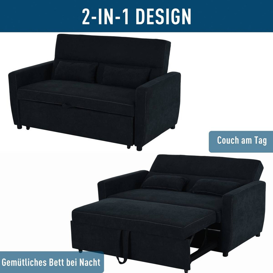 HOMCOM Schlafsofa 2-Sitzer mit Bettfunktion in Schwarz aus Samtoptik, B/H/T: 148 x 89 x 82 cm - Bild 6
