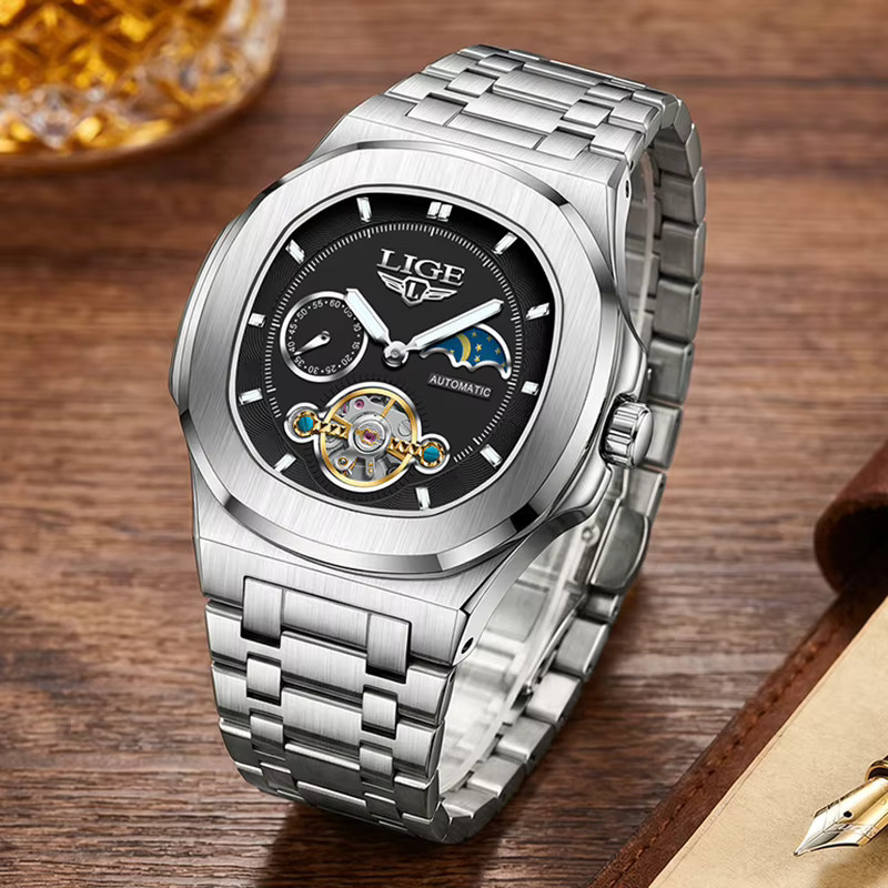 LIGE Armbanduhr Automatik, Edelstahl, eckig, blau, Herren - Bild 3