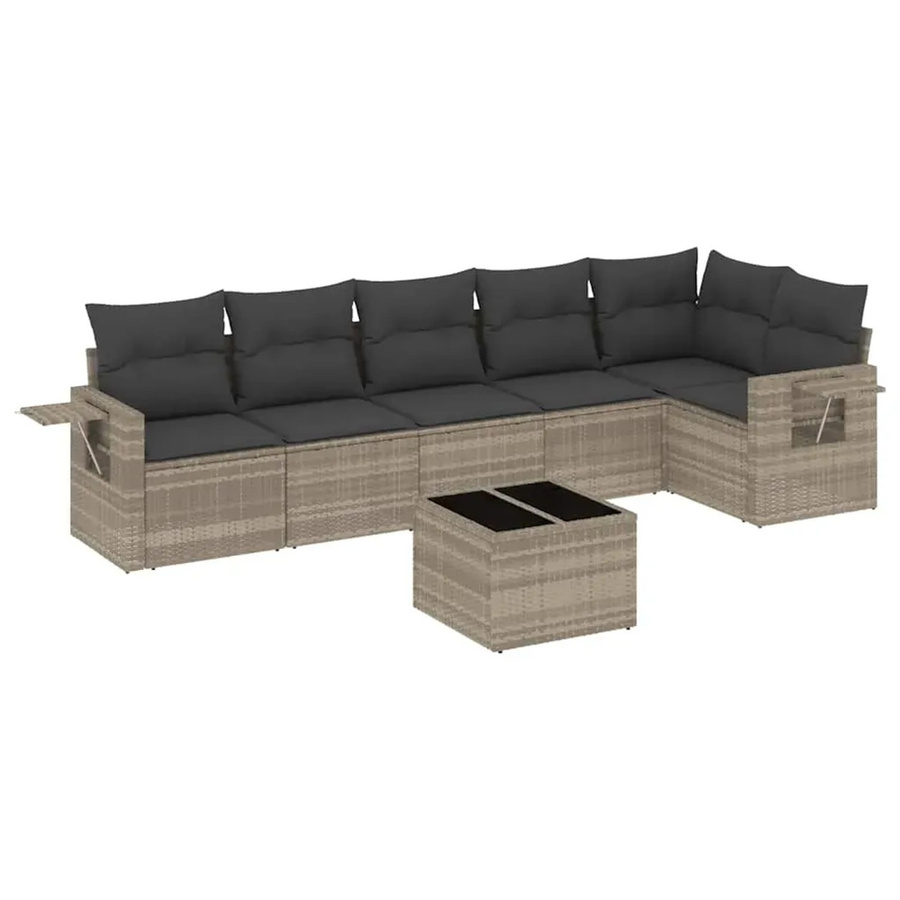 vidaXL 7-tlg. Garten-Sofagarnitur in L-Form aus Poly-Rattan in Hellgrau mit Kissen und pulverbeschichtetem Stahlgestell - Bild 2