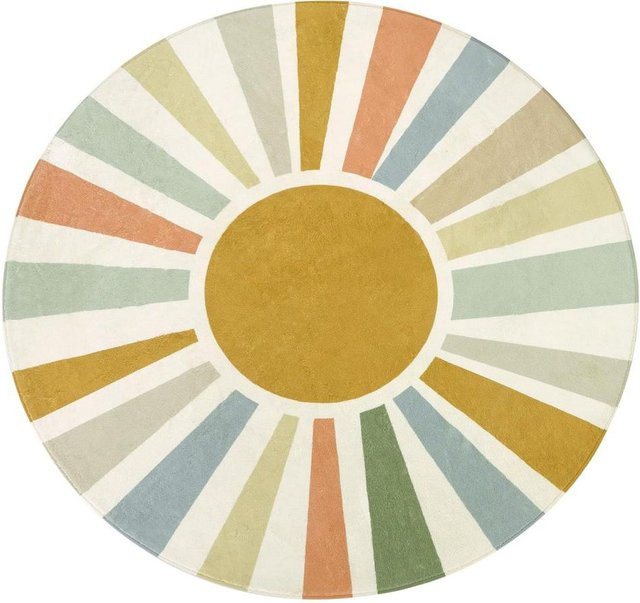 Runder Boho-Teppich von Binchi Furniture mit Regenbogen-Sonnen-Druck, waschbar und rutschfest, mehrfarbig, Durchmesser: 40 cm - Bild 1