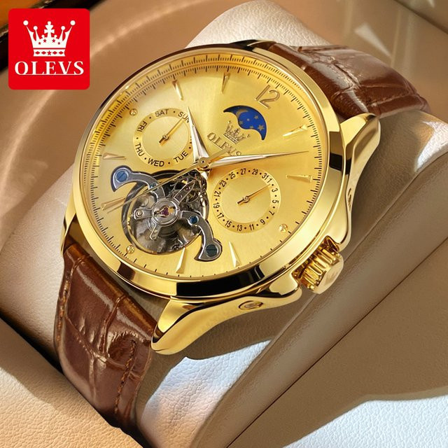 OLEVS Armbanduhr, Automatik, Edelstahl, Leder, Gold, Herren - Bild 1