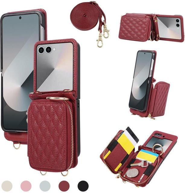Leder-Crossbody-Handyhülle mit Lanyard und Reißverschluss für Samsung Galaxy Z Flip 7 6 5 4 3 5G in Rot - Bild 1