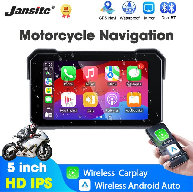 Jansite 5-Zoll Motorrad CarPlay Navigation mit GPS und Android Auto, IPX7 wasserdichtes Display, Dual Bluetooth 5.0, Schwarz - Bild 1